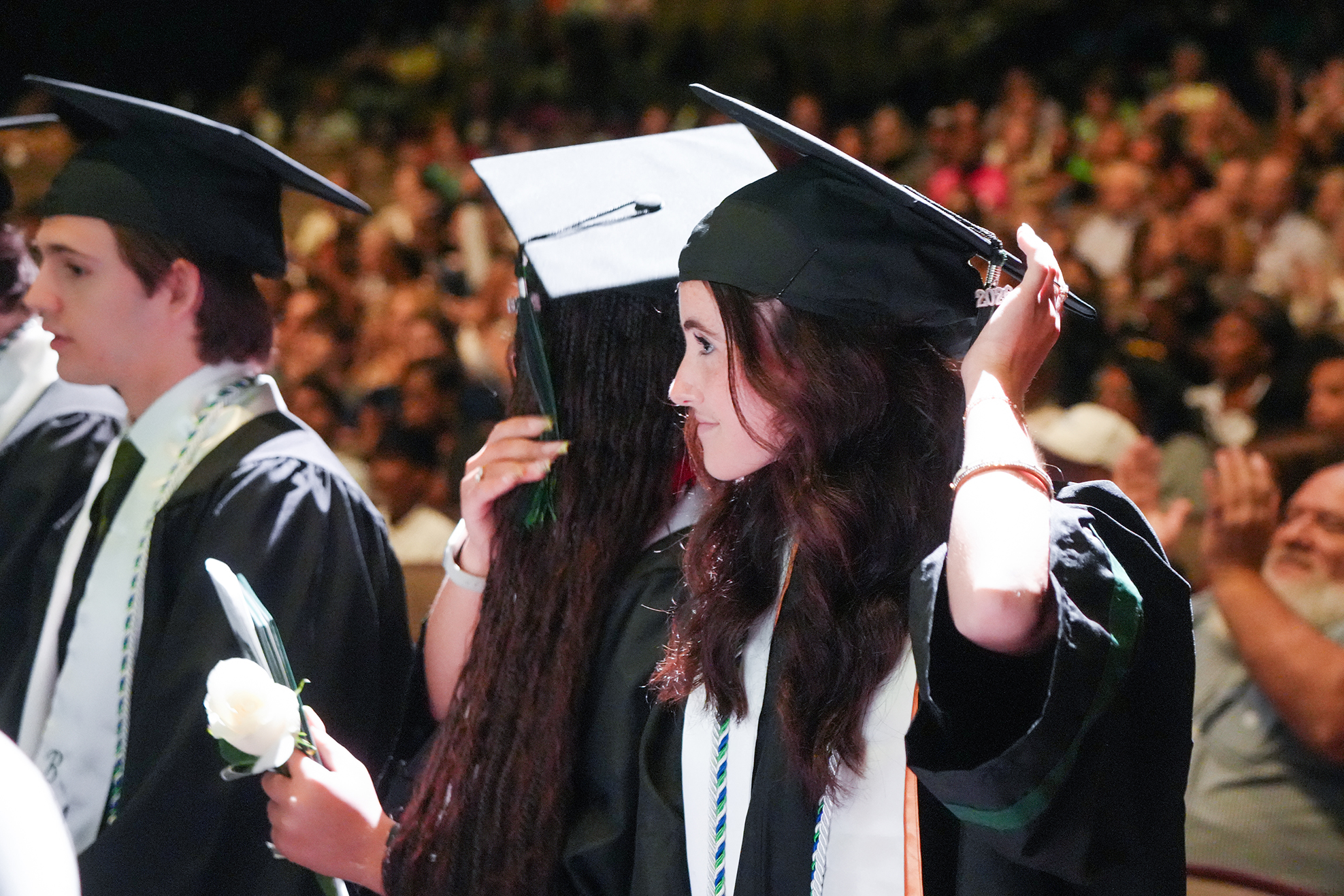Graduates in black gowns and caps stand in a line, one holding a white rose, with blurred audience members in the background.
