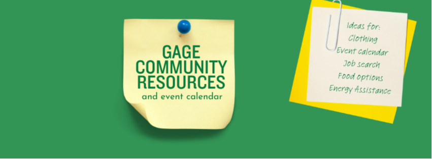 Gage community resources and event calendar on a sticky note next to a computer keyboard