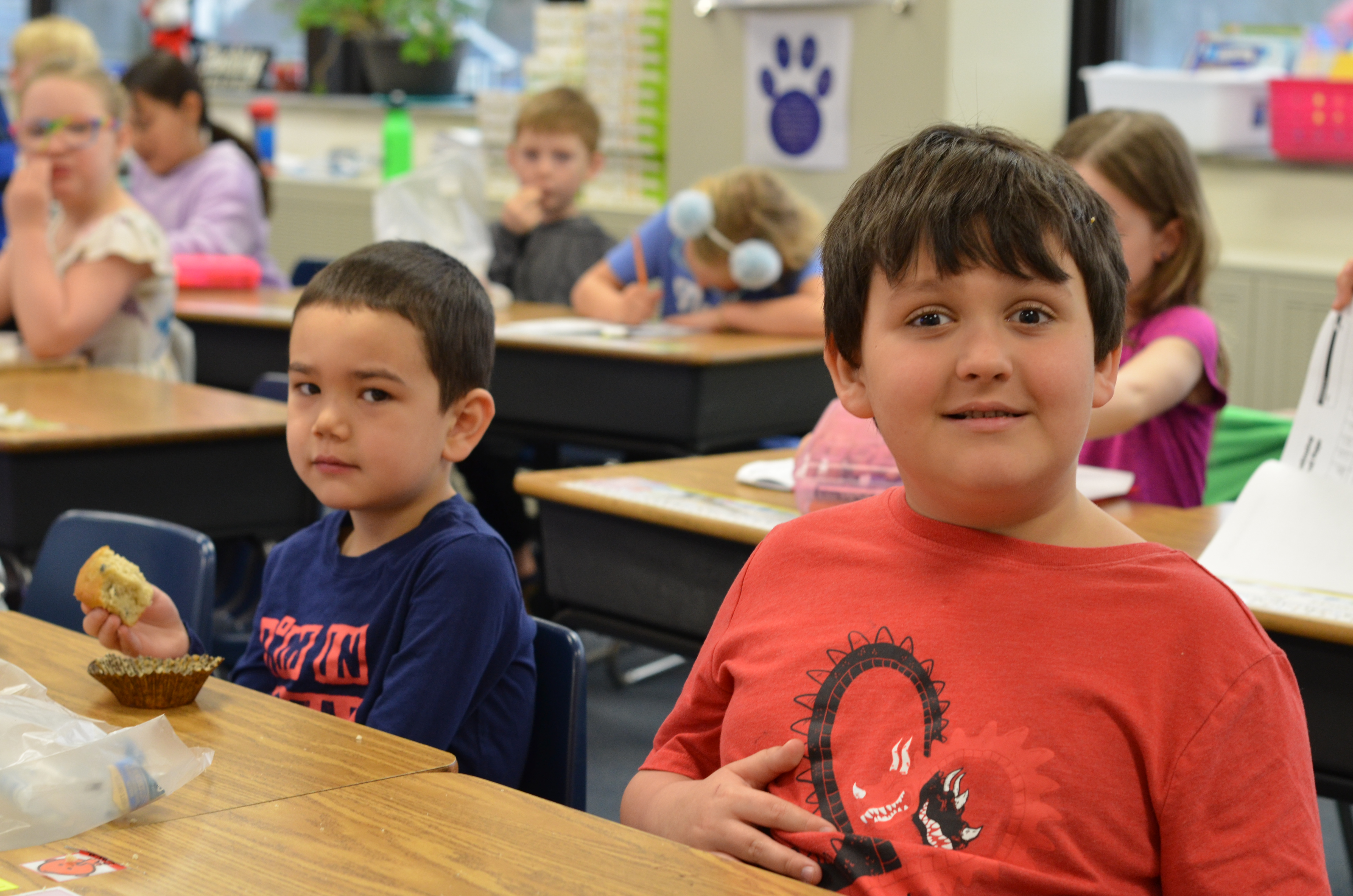 male students looking at camera, sitting at desks