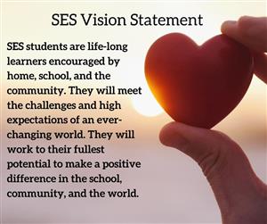 SES Vision Statement; SES students are life-long learners encouraged by home, school, and the community. They will meet the challenges and high expectations of an ever-changing world. They will work to their fullest potential to make a positive difference in the school, community, and the world.