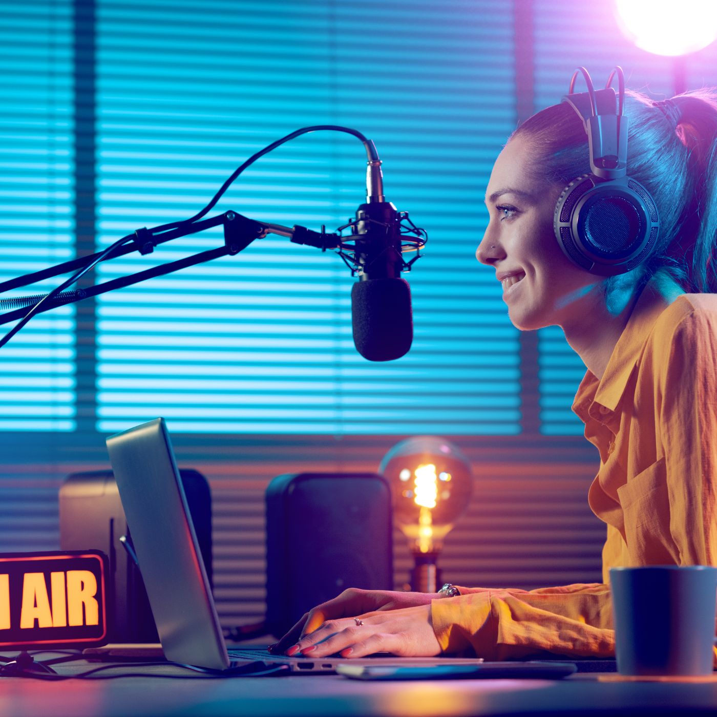 Woman speaking into a microphone