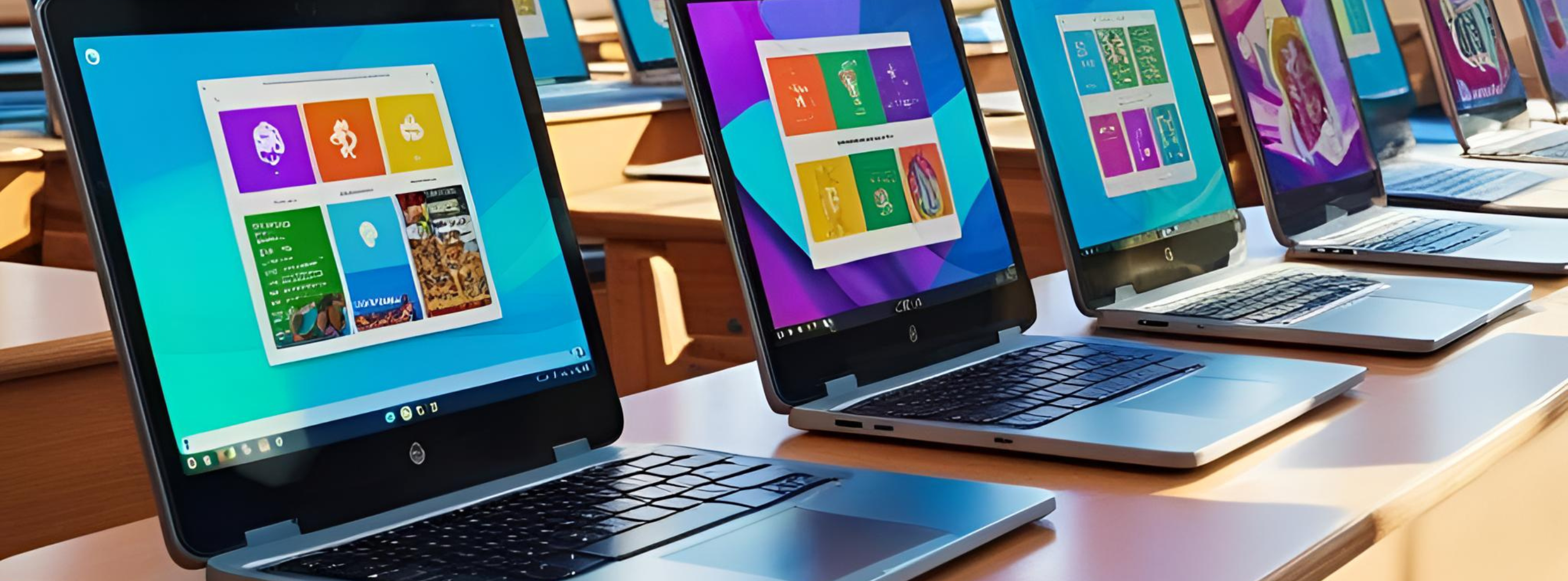 Chromebooks lined up and ready to be used for testing