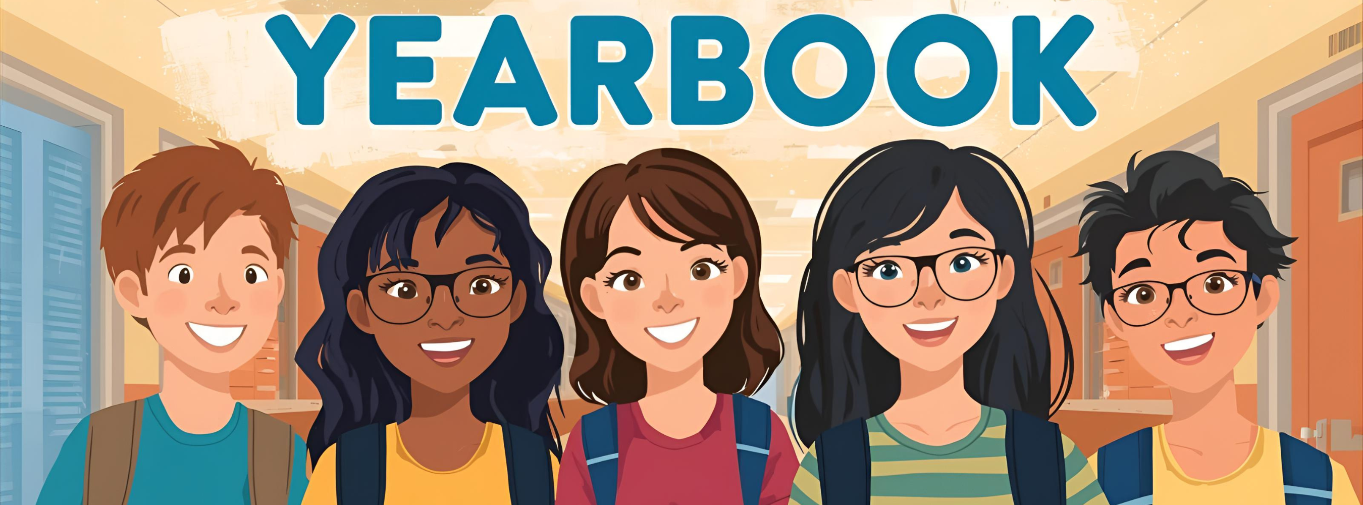 Cartoon profiles of diverse children with the text "Yearbook" above their heads