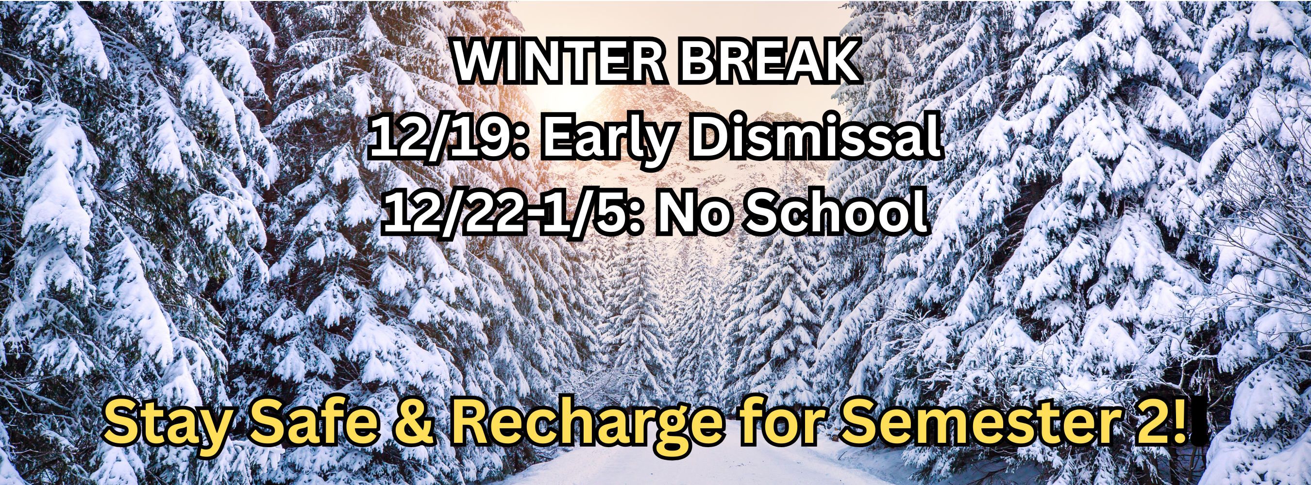 Winter Break 2025.  Early Dismissal 12/19. No School 12/22-1/5.  Stay Safe and Recharge for Semester 2.