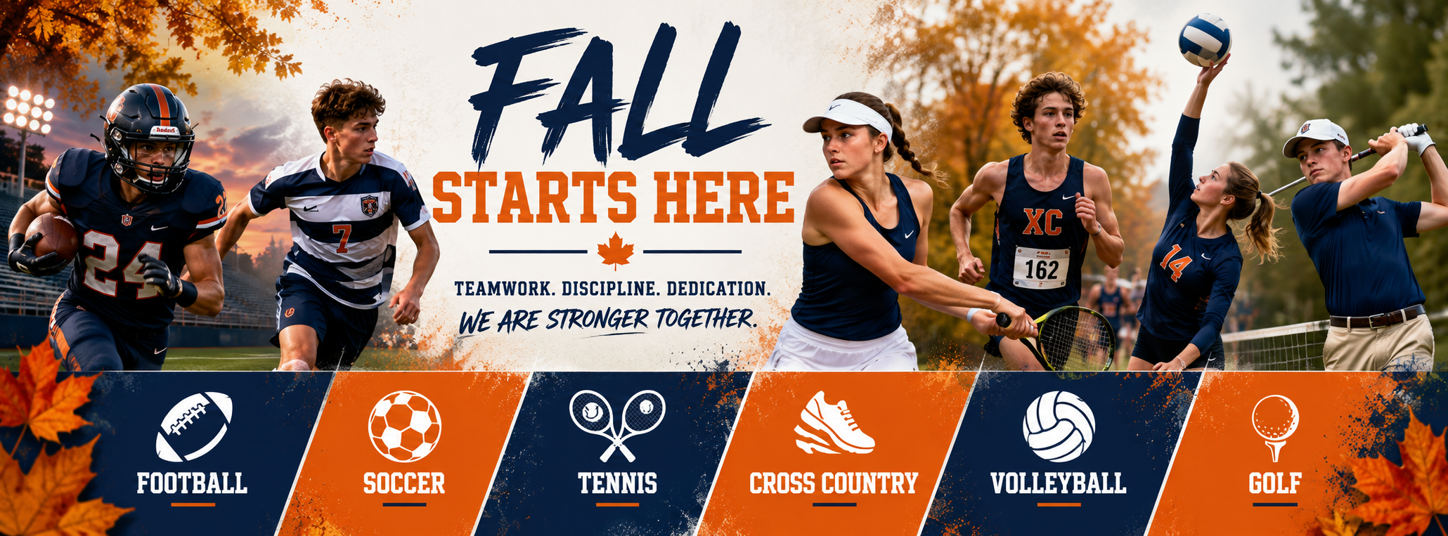 Images of high school athletes with the text "Fall Starts Here"