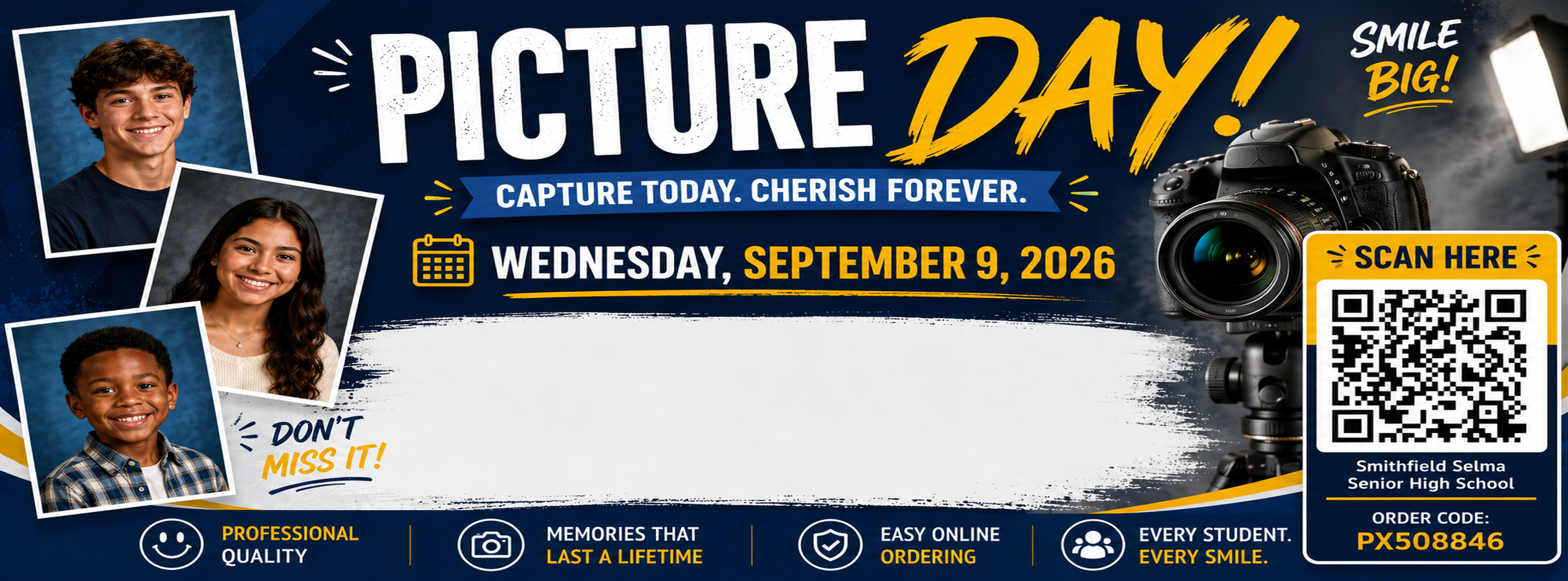 Picture Day on Wednesday, September 9, 2026.  Includes a QR code for ordering pictures.