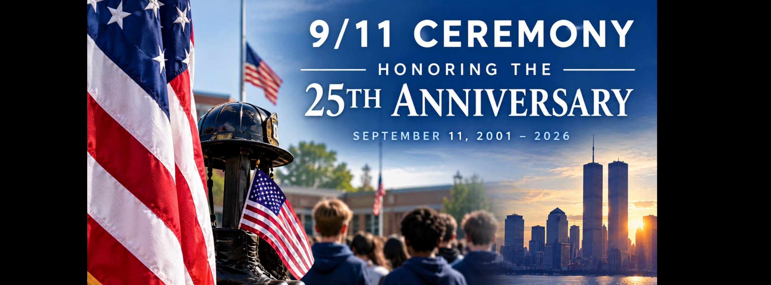 Patriotic image of young people looking at New York's twin towers