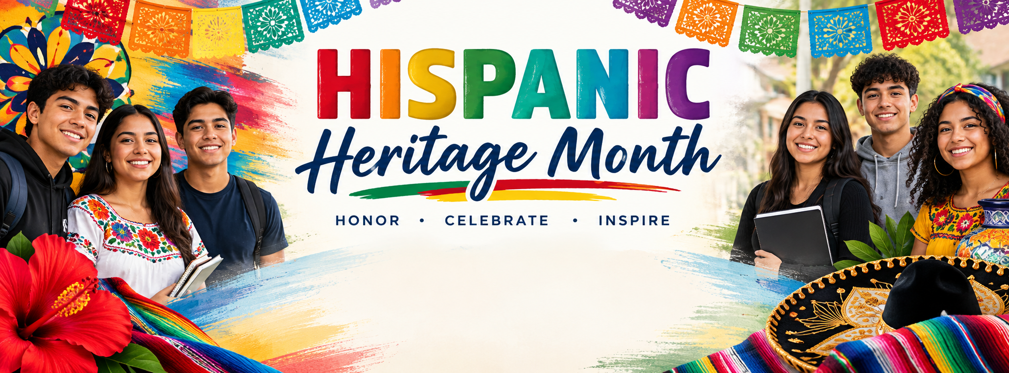 Image of diverse teens smiling at viewer behind the words Hispanic Heritage Month
