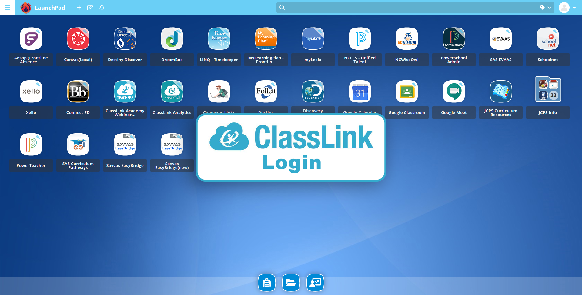 a computer desktop displaying icons for various school-related programs. In the center a button reads "ClassLink Login"