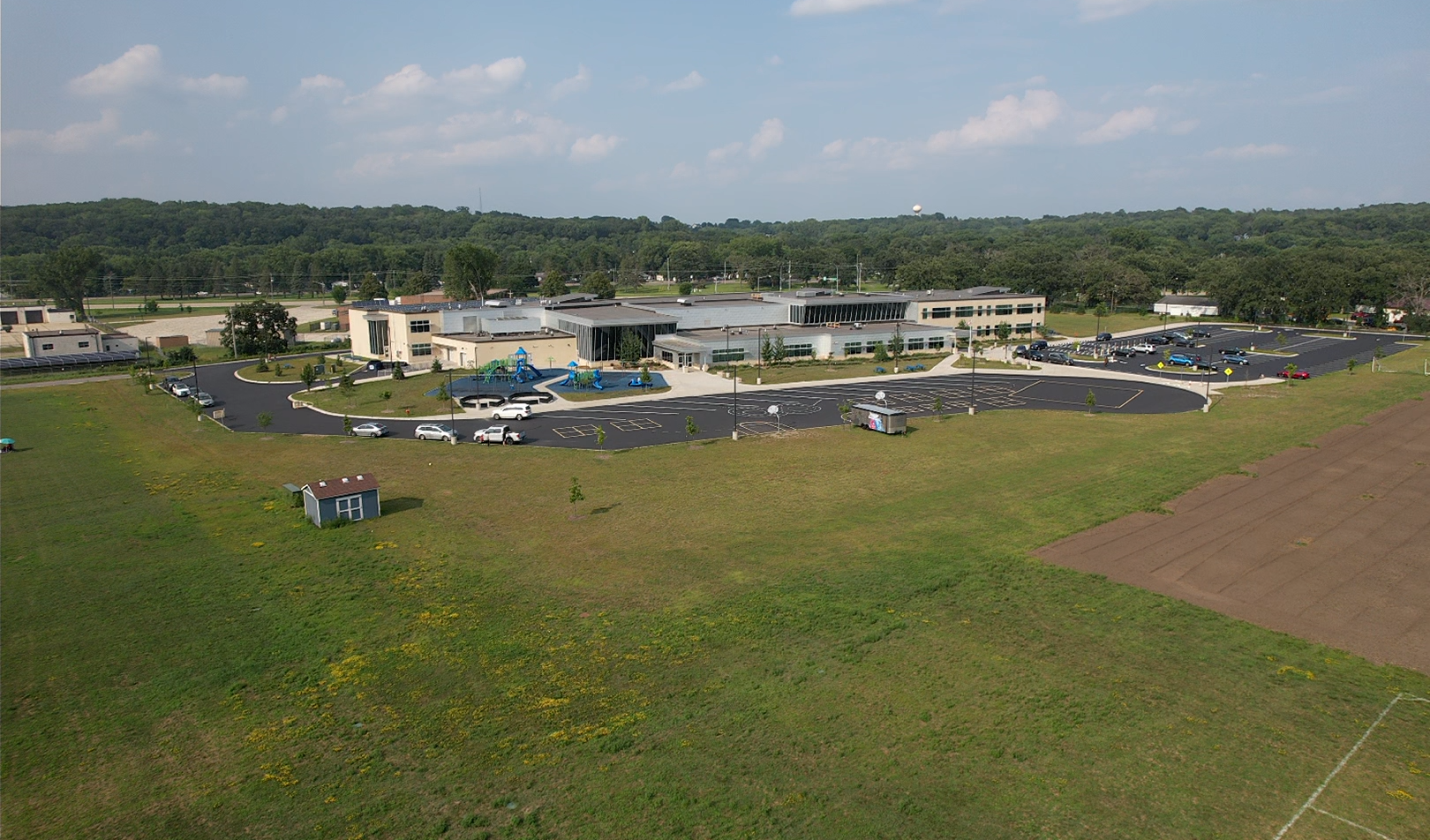 An aerial picture of the Longfellow &amp; Pinewood Elementary School