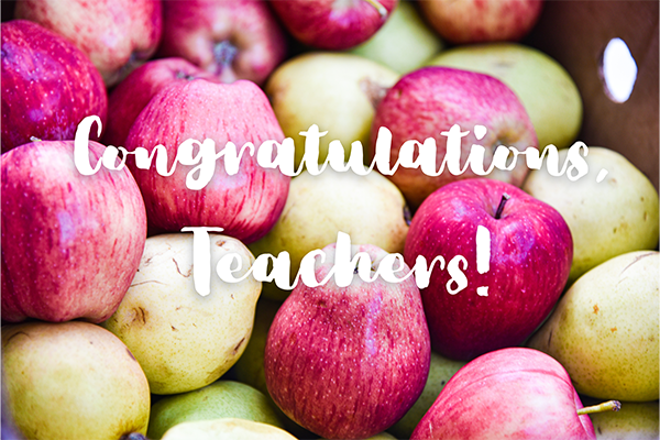 "congratulations, teachers!" overlay on a bin of apples