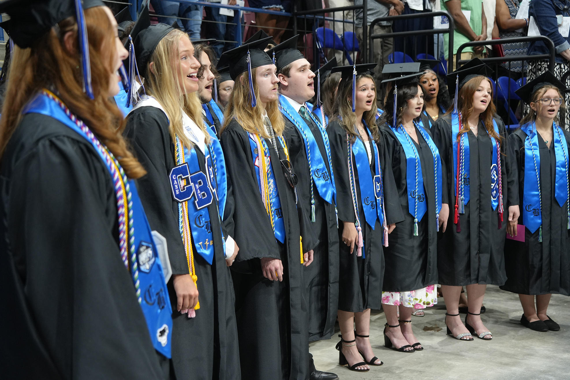 People in black gowns and blue stoles stand in a row at an event, facing forward.