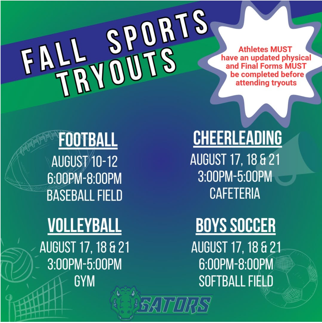 Fall Sports Try Outs