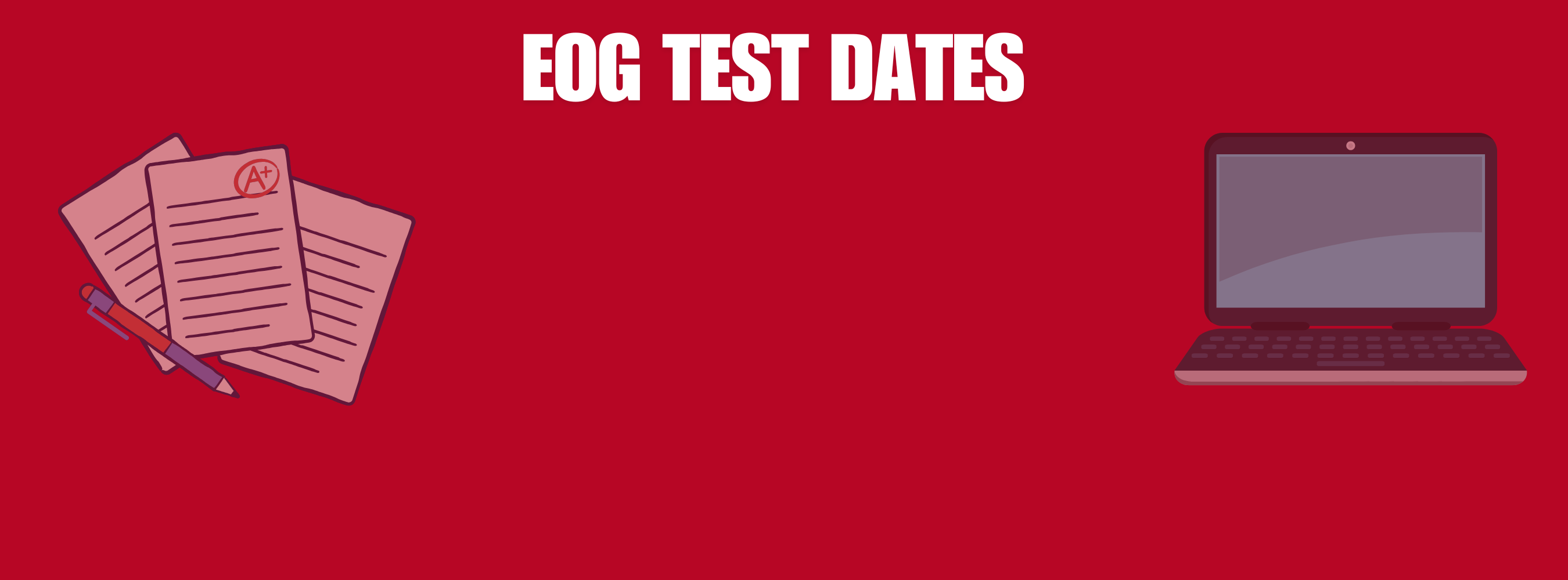red background with title eog test dates and pictures of a computer and paper and pencil