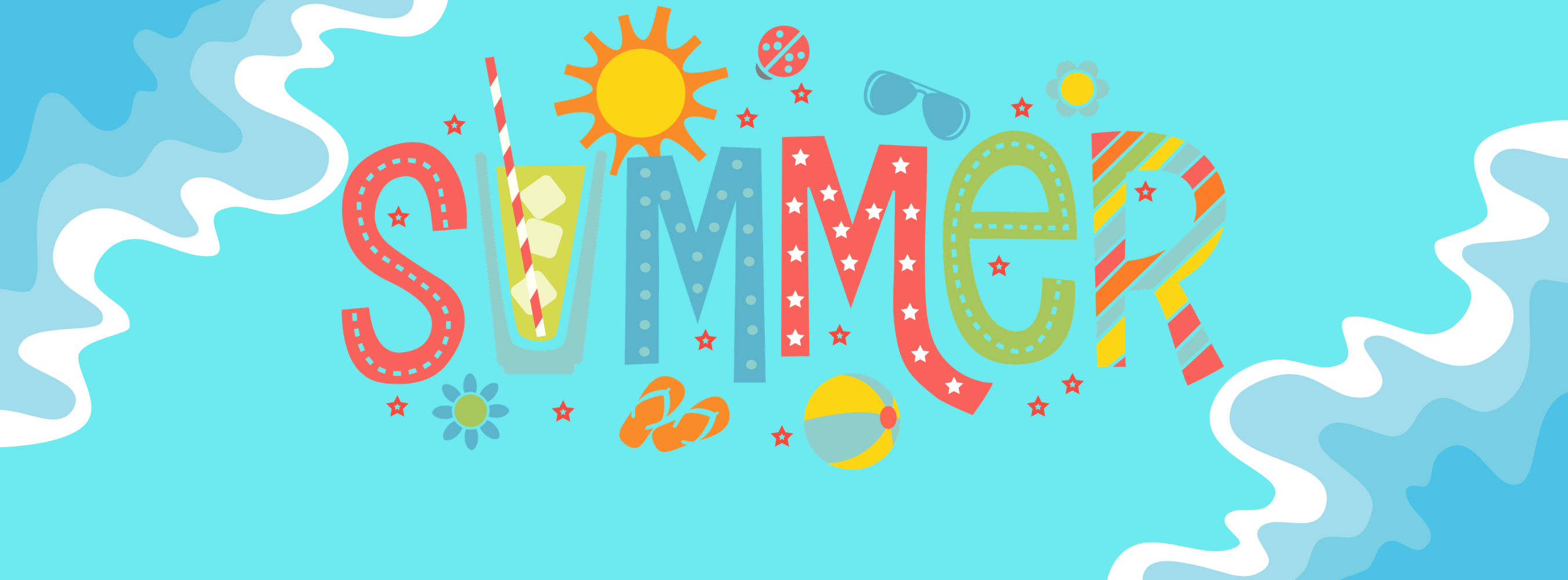 blue background with the word summer in bright colors and then random summer items like the sun, flip flops, a hat, etc. 