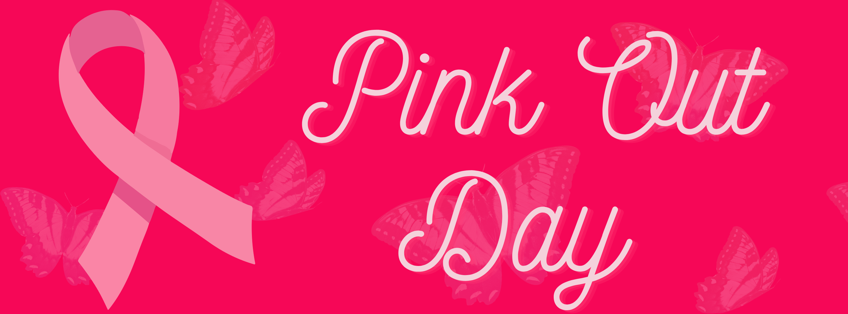 pink background with butterflies and title pink out day with a pink ribbon