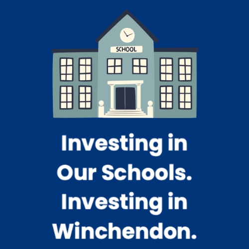 Animated school building with caption "Investing in our schools. Investing in Winchendon."