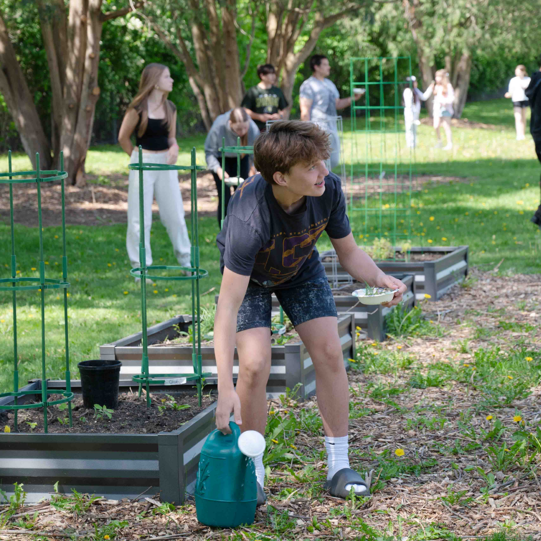 Student working in the garden outside of school.