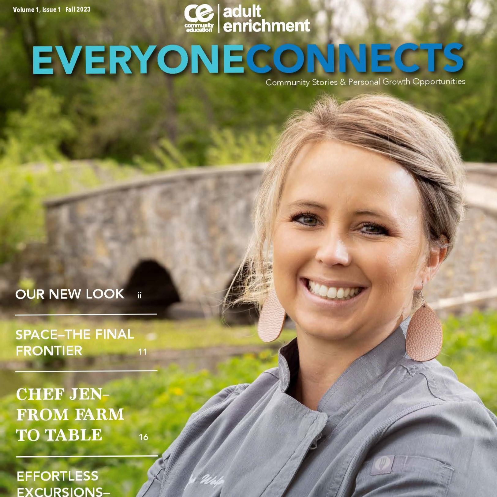 cover of our adult fall catalog. Smiling woman near a bridge