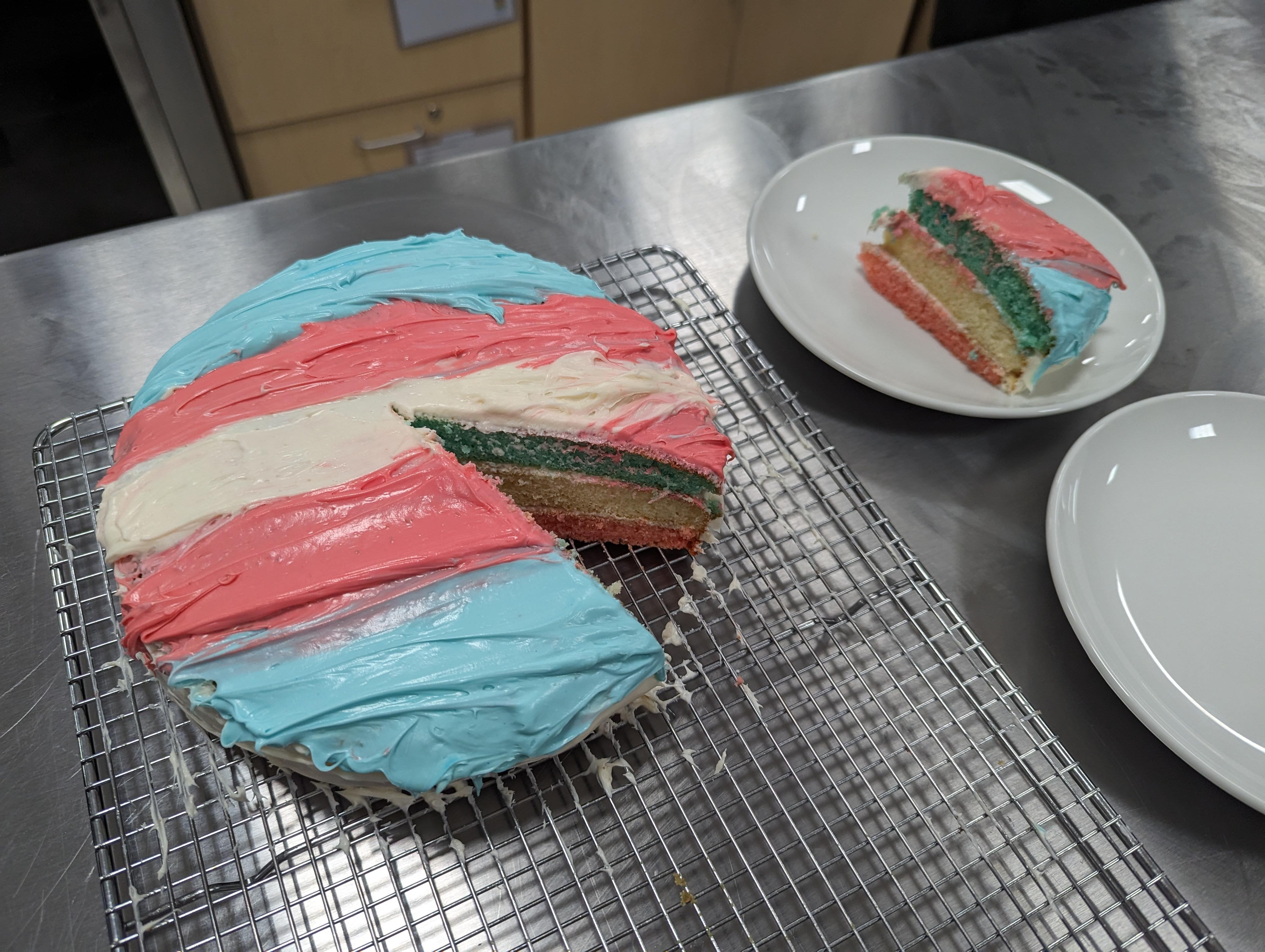picture of a cake frosted with the trans flag