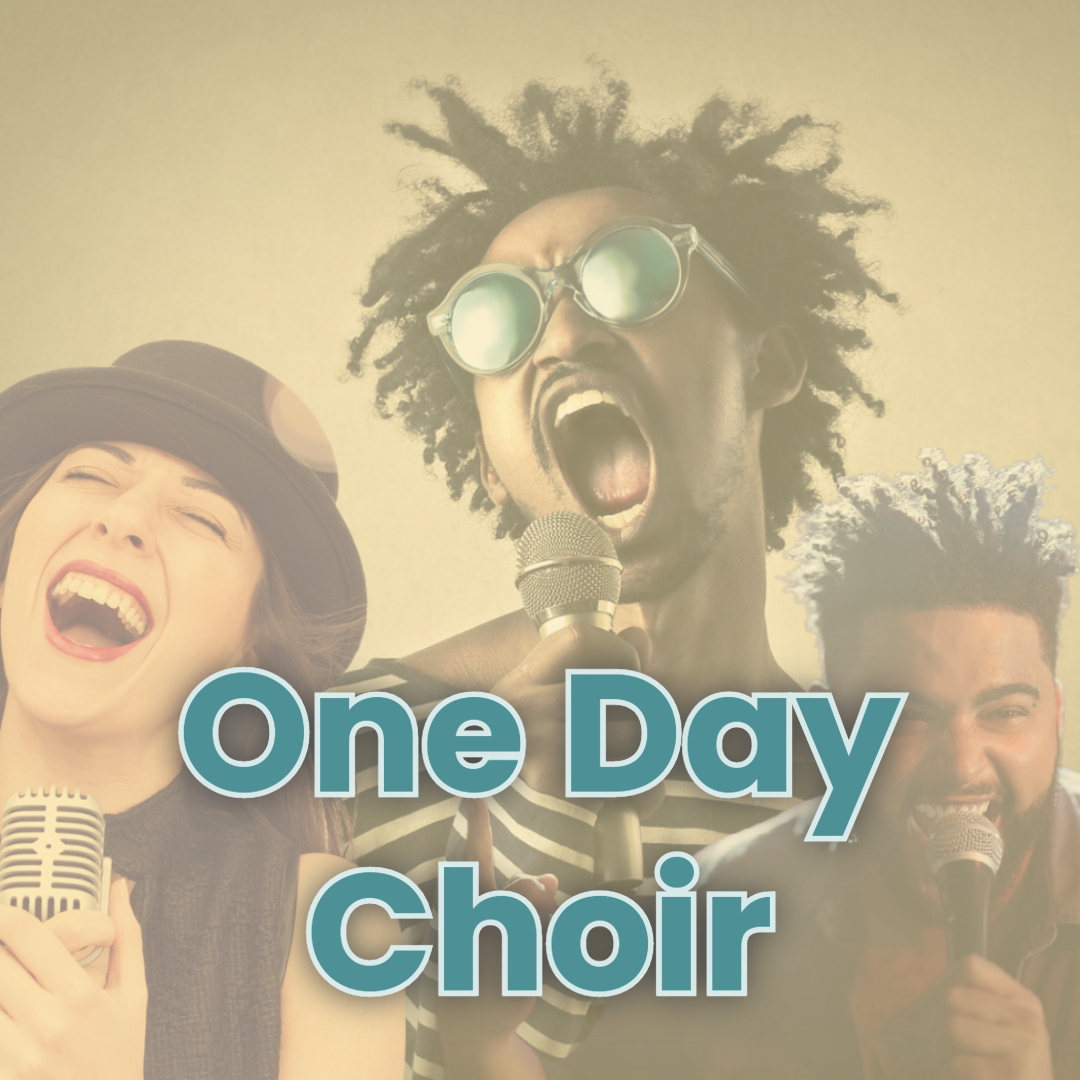 three people singing into microphones with text "One Day Choir"