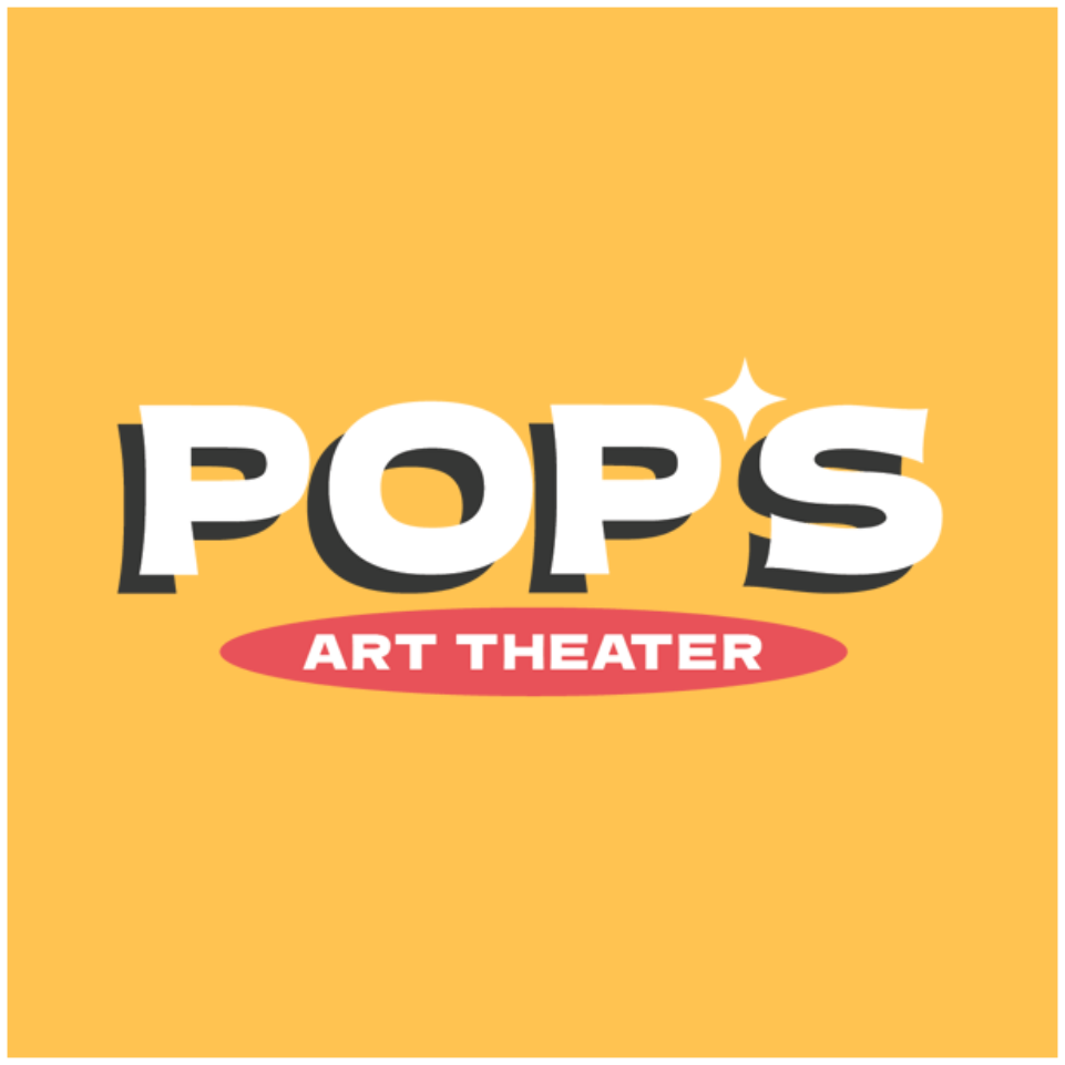 logo for Pop's Art Theater. white text on orange background