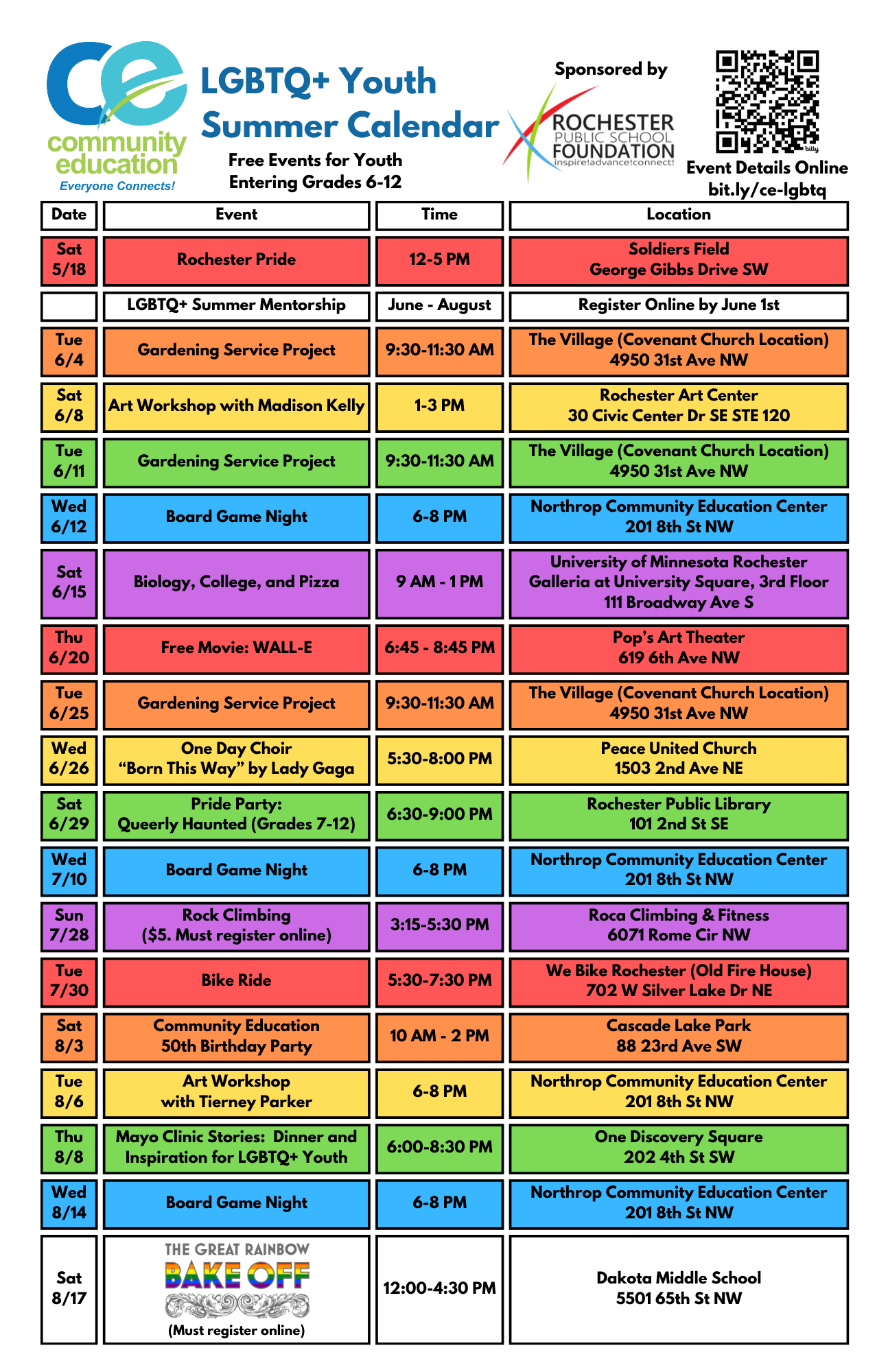 LGBTQ+ Youth Summer Calendar. Each row has a date, time, and location listed