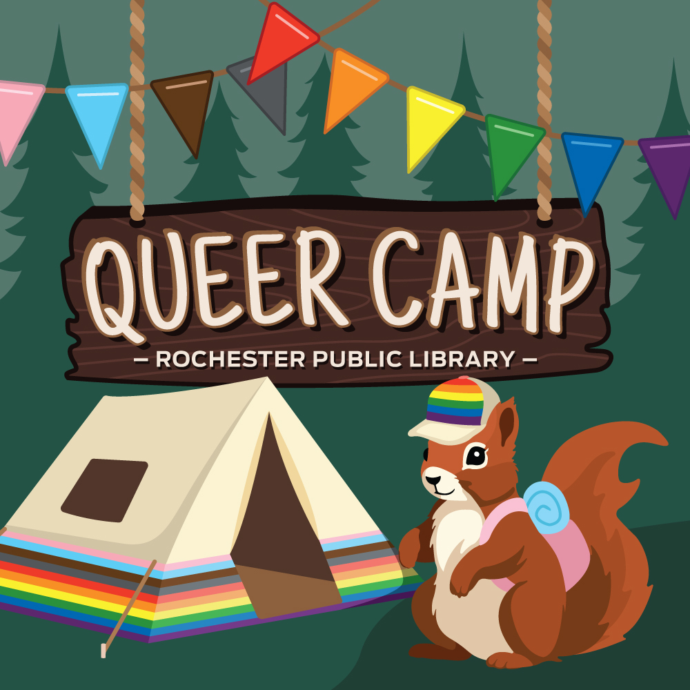 tent, squirrel wearing rainbow hat, QUEER CAMP sign