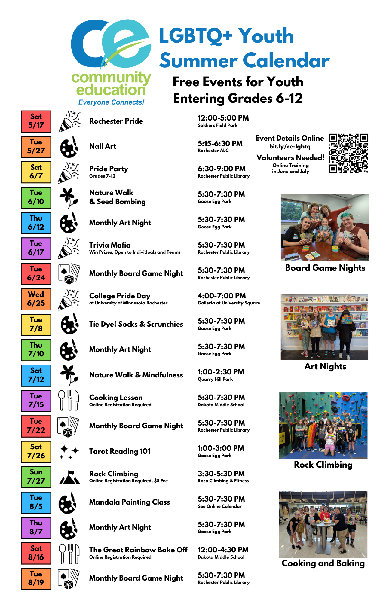 list of events on LGBTQ+ Youth Summer Calendar