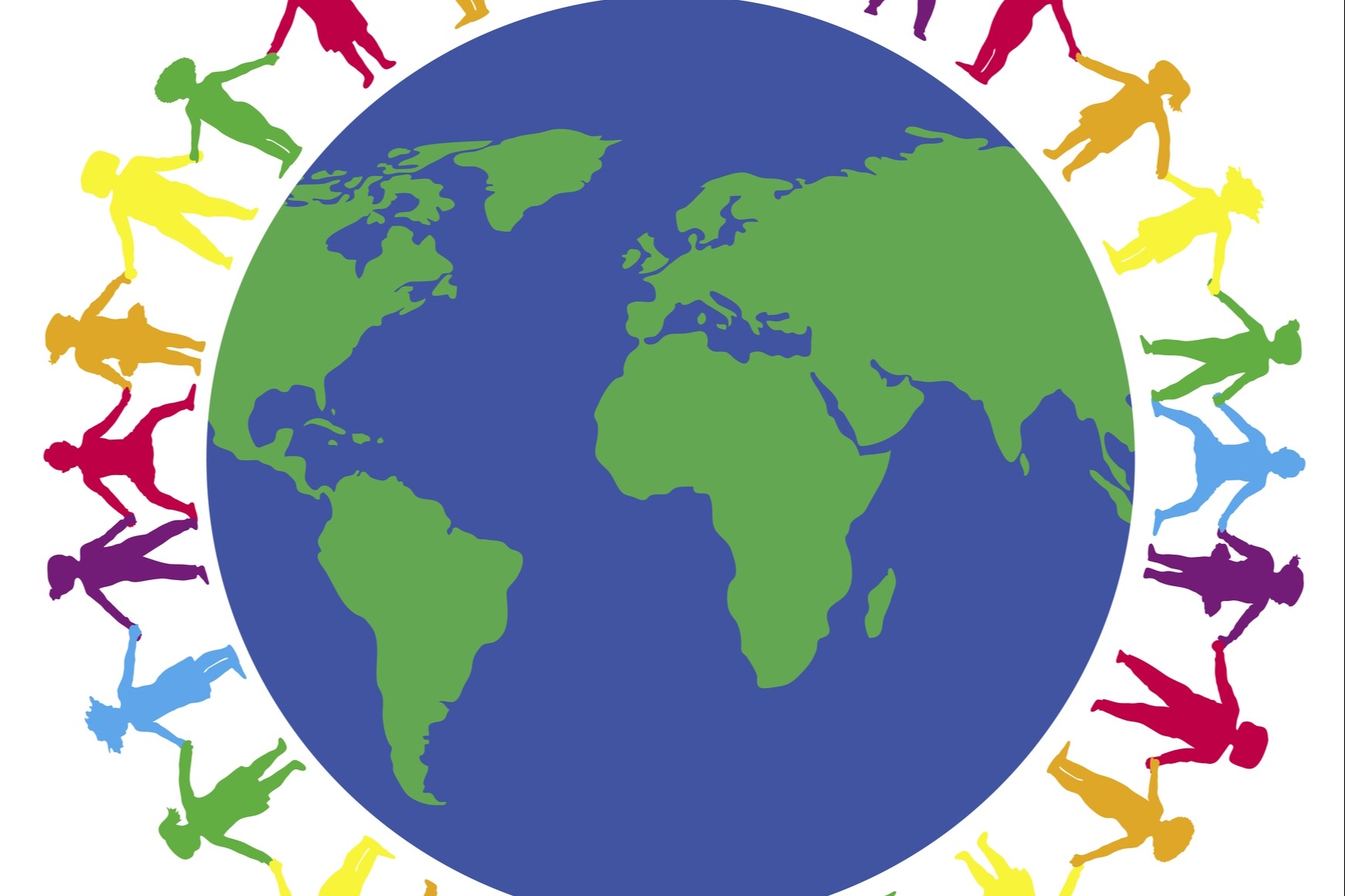 drawn image of people of different colors holding hands around earth