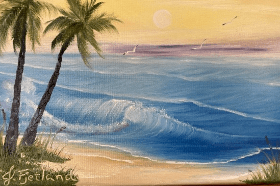oil painting of a beach scene overlooking the ocean with 2 palm trees