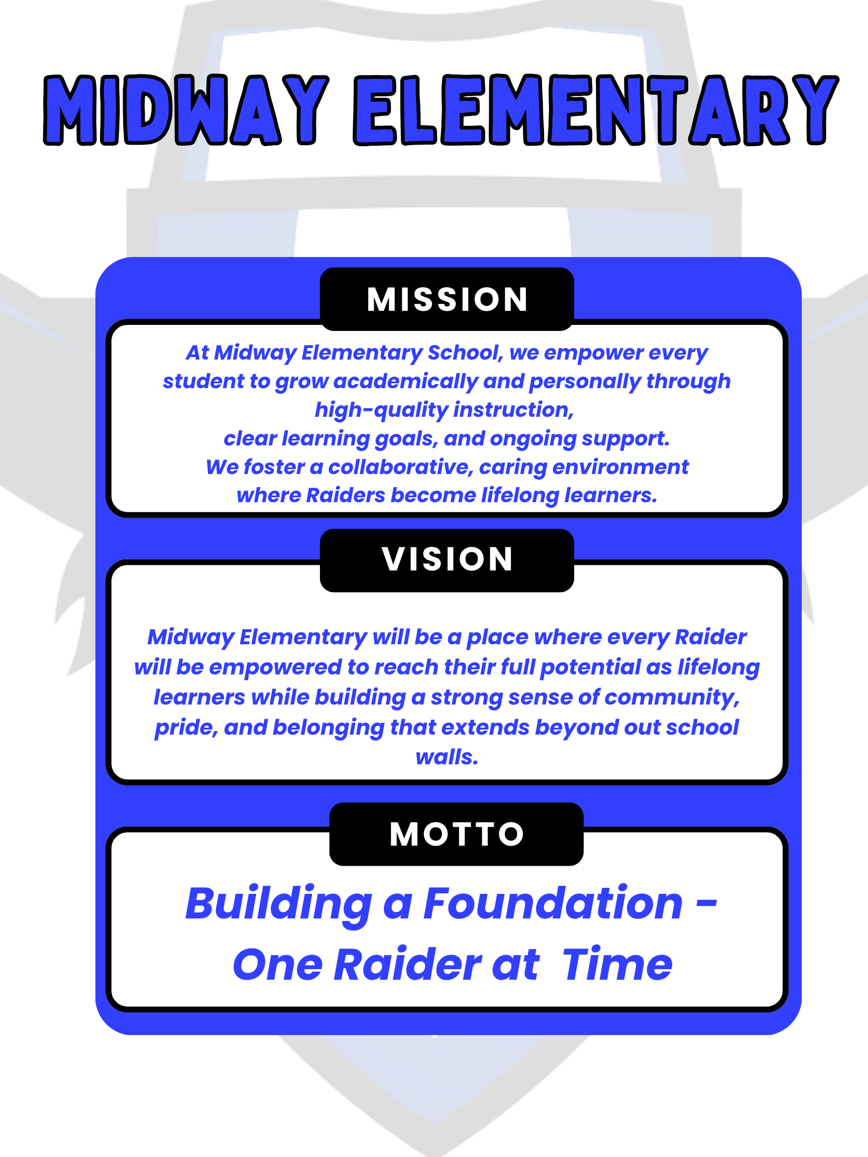 Midway Mission: At Midway Elementary School, we empower every student to grow academically and personally through high-quality instruction,  clear learning goals, and ongoing support.  We foster a collaborative, caring environment  where Raiders become lifelong learners. Midway Mission:  Midway Elementary will be a place where every Raider will be empowered to reach their full potential as lifelong learners while building a strong sense of community, pride, and belonging that extends beyond out school walls. Midway Motto: Building a Foundation - One Raider at  Time