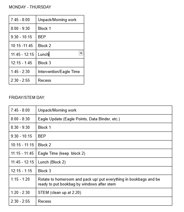 Our Class Schedule: 