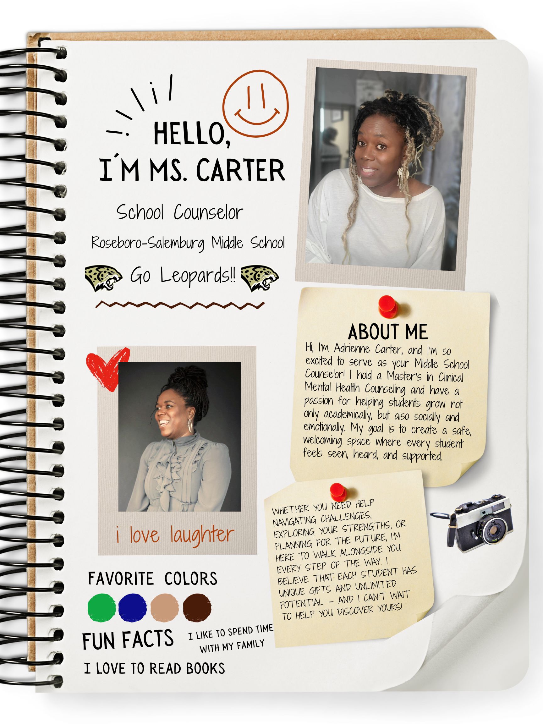 Pictures of Ms. Carter with additional information about her and ways a counselor can help students