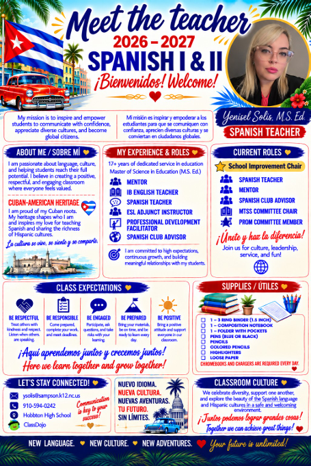 Meet the Teacher information from Mrs. Solis, image give information about Spanish 1 and 2