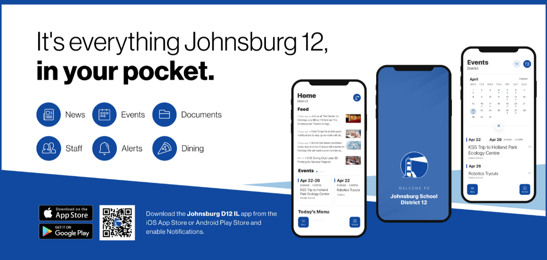 A banner advertising a school app with icons for news, events, documents, staff, alerts, dining, and download links for Apple and Android stores.