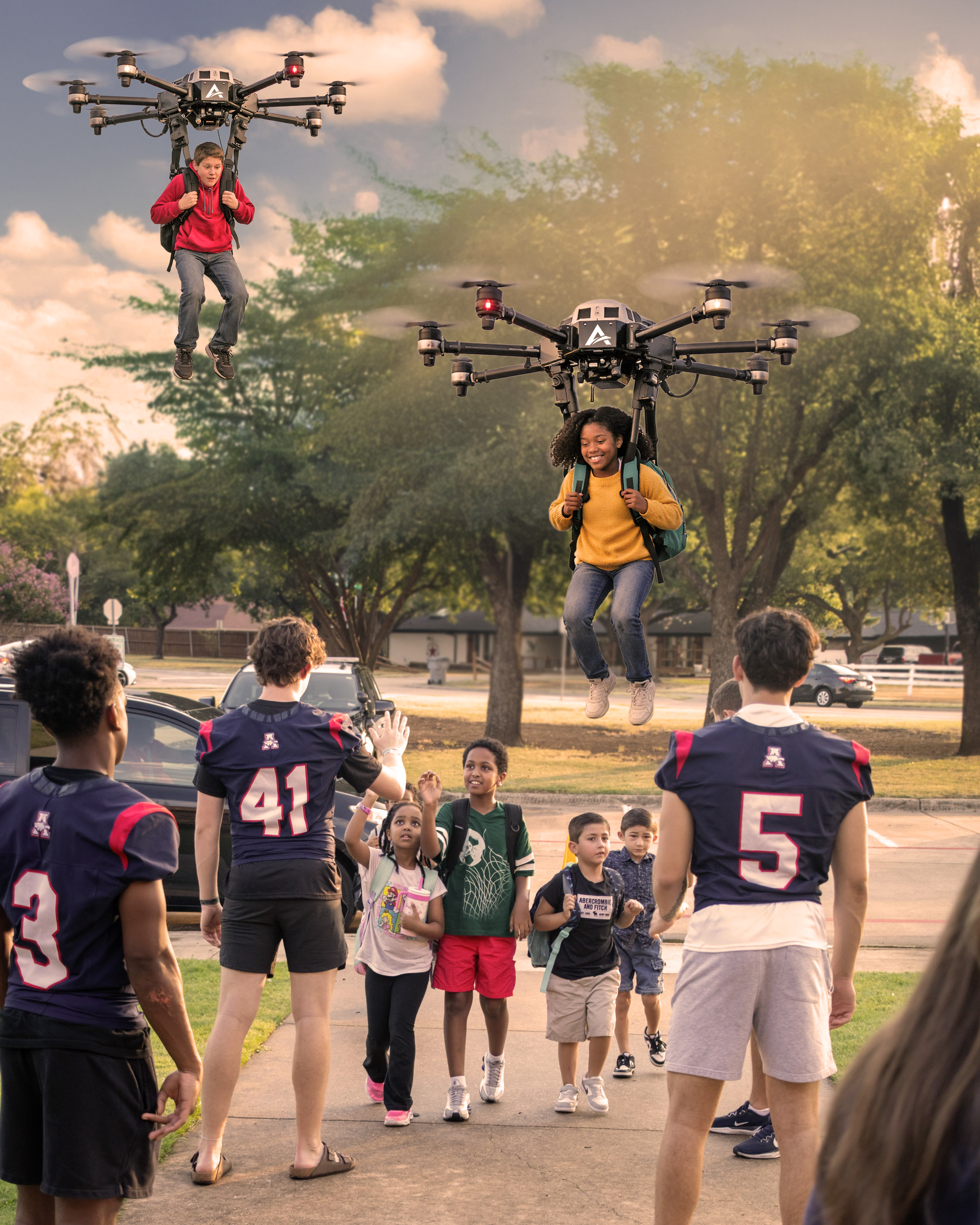 April Fools Day Graphic depicting student arriving at school via drones
