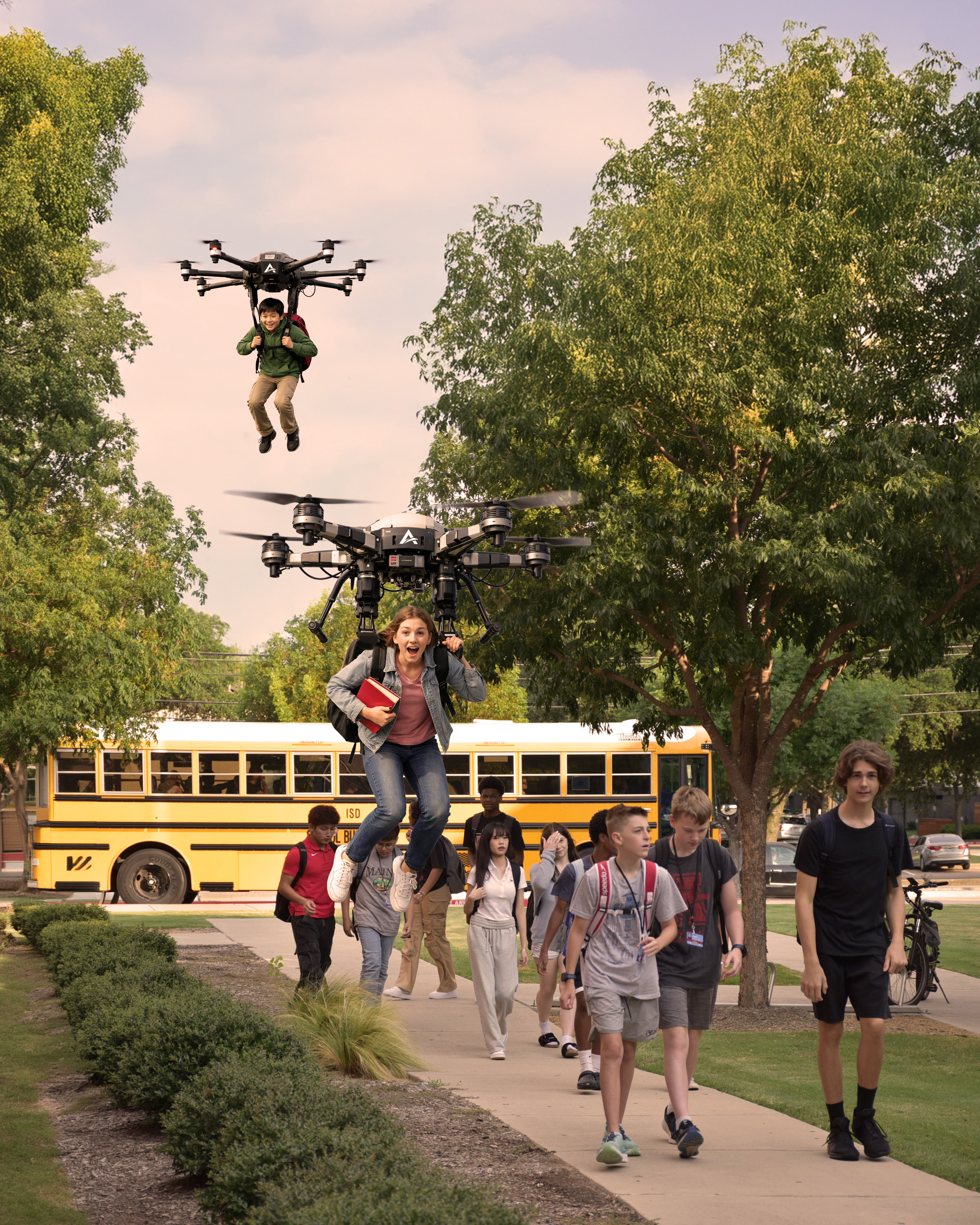 April Fools Day Graphic depicting student arriving at school via drones