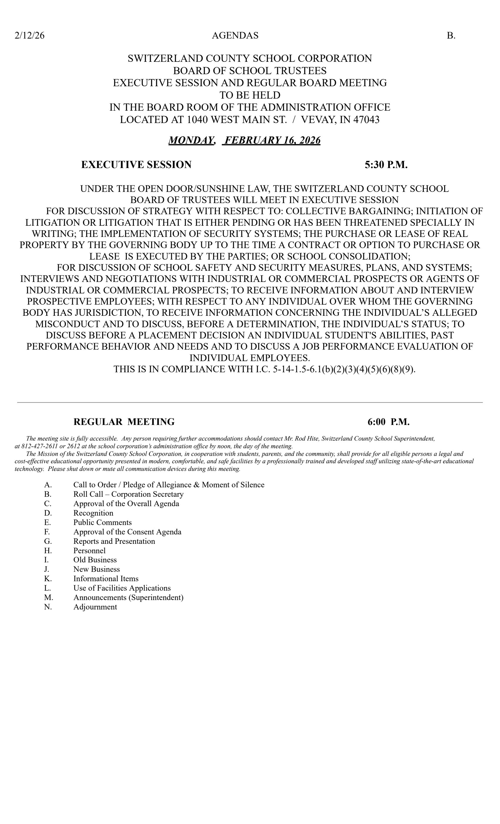 Agenda Board Meeting February 16th, 2026