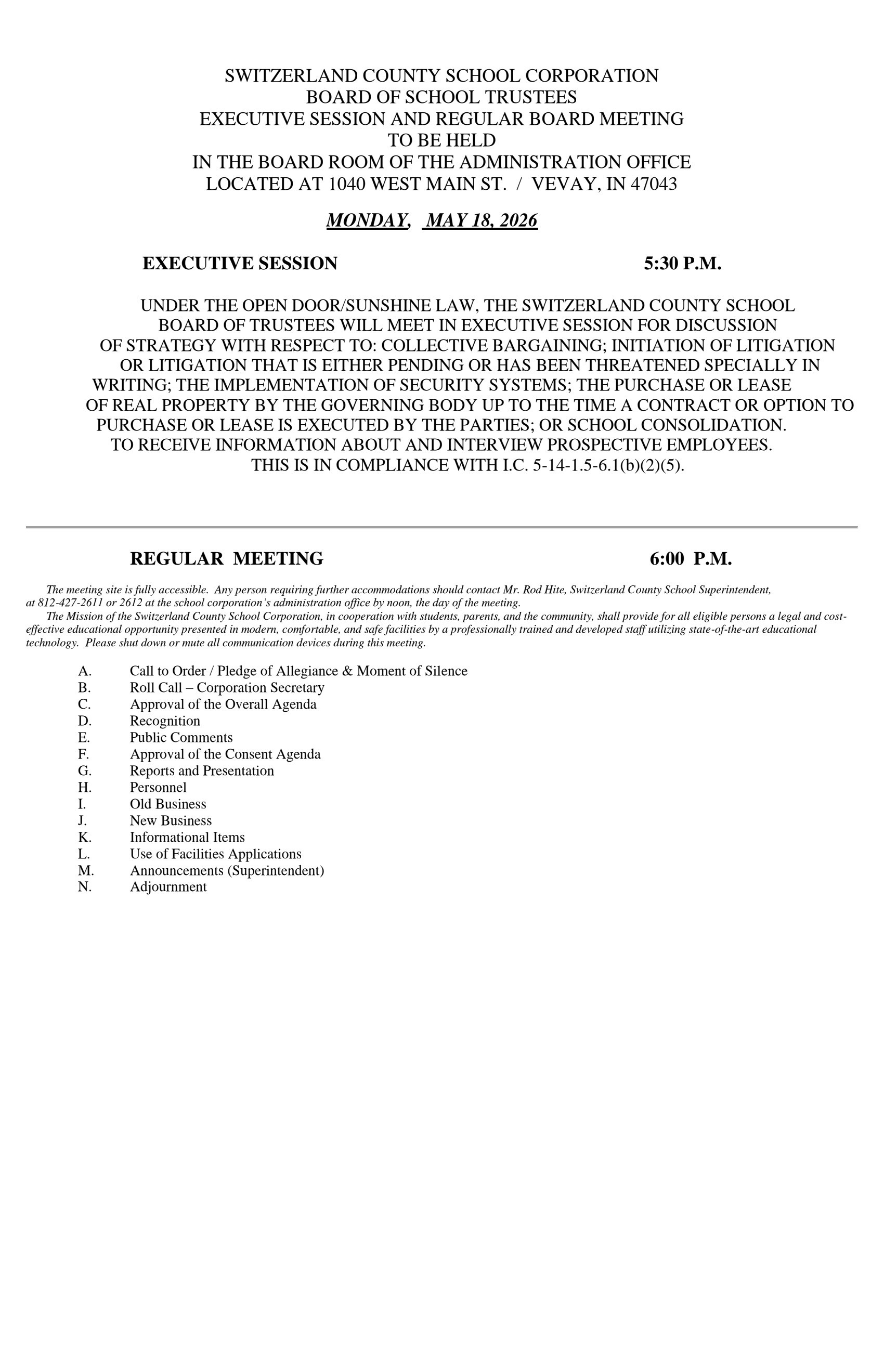 Agenda Board Meeting May 18th, 2026