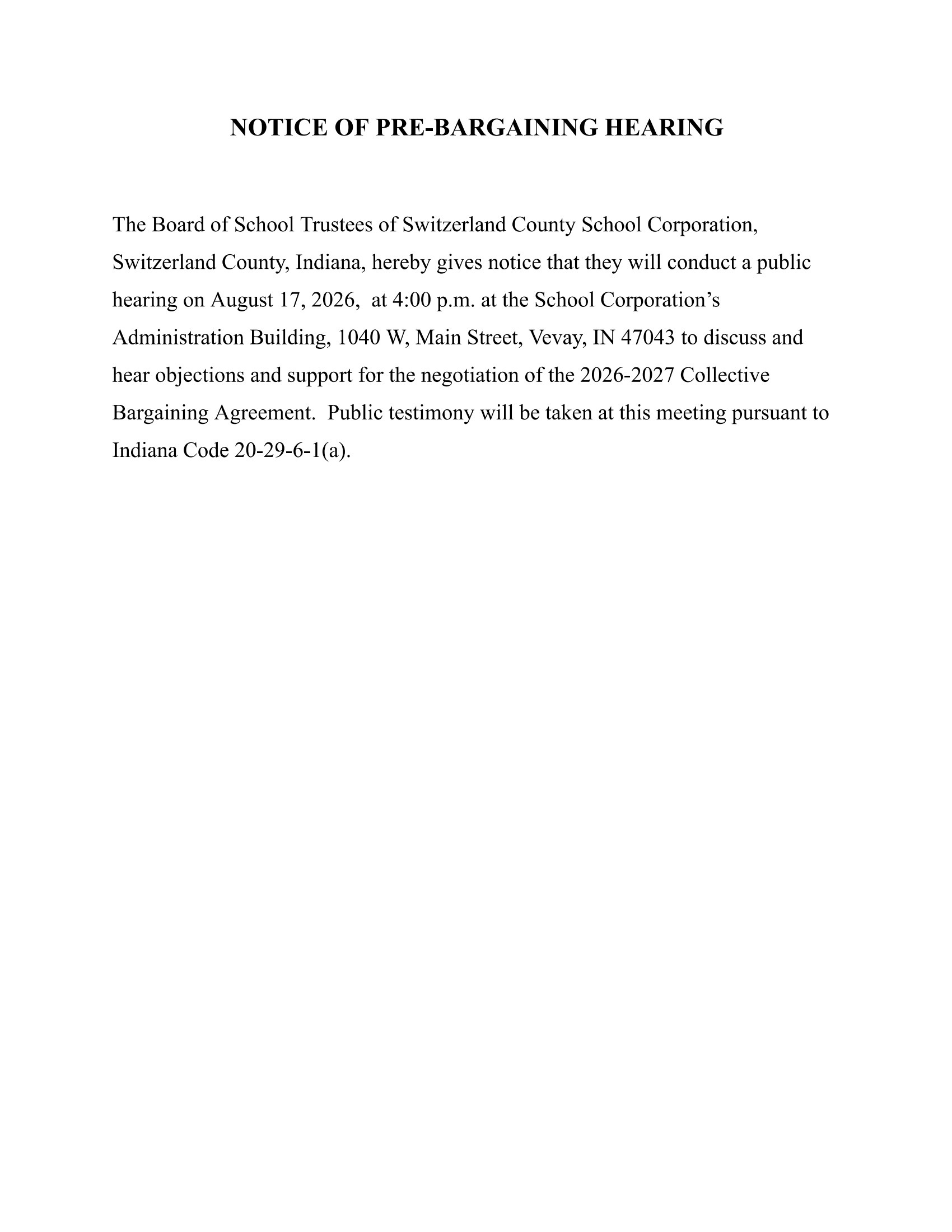 Notice Of Pre-Bargaining Hearing 8-17-2026