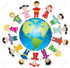 Graphic of children standing around a globe holding hands. 
