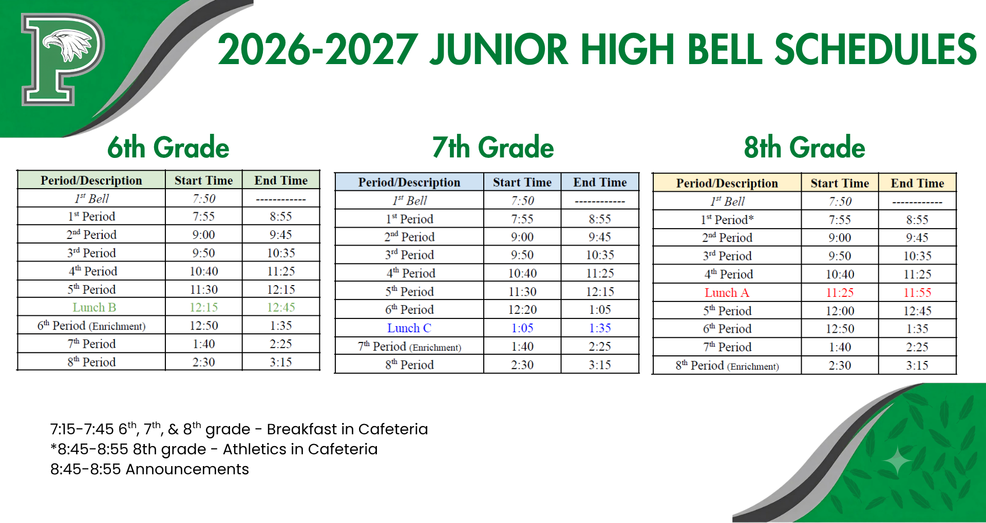 2026-2027 Junior High Bell Schedule