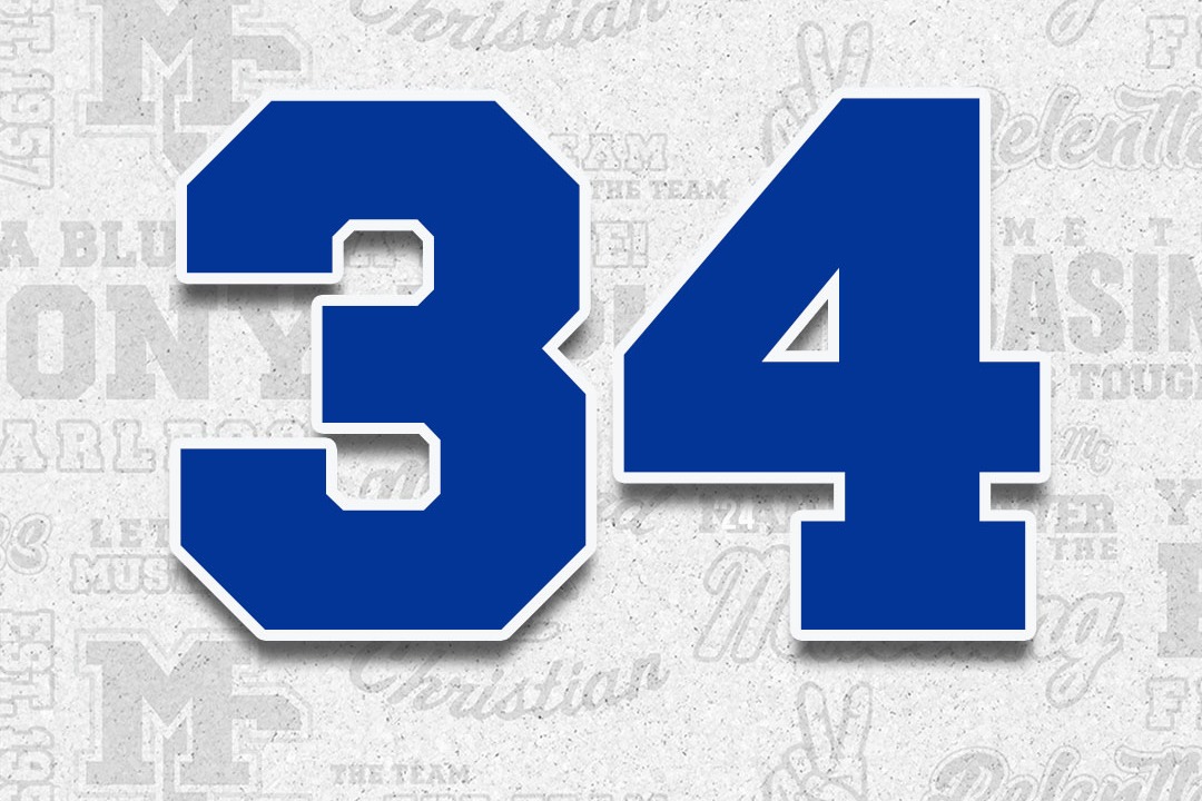 Blue number "34" on a textured gray background with overlapping text. Background includes repeated phrases.