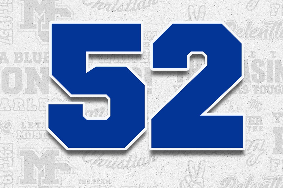 Number 52 in blue against a white background with various words surrounding it.