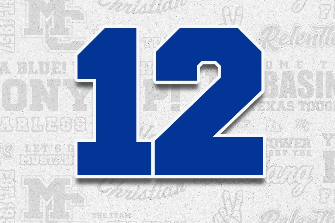 Number 12 in blue font on a white background with overlapping, blurred text reading phrases like "Christian" and "Relentless".