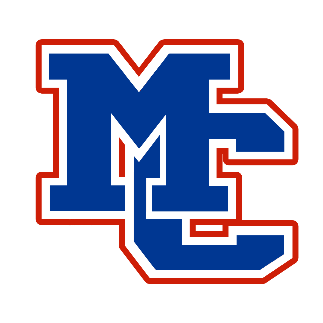A school emblem with blue and red colors, featuring a large letter M at the top and an E below it, on a black background.