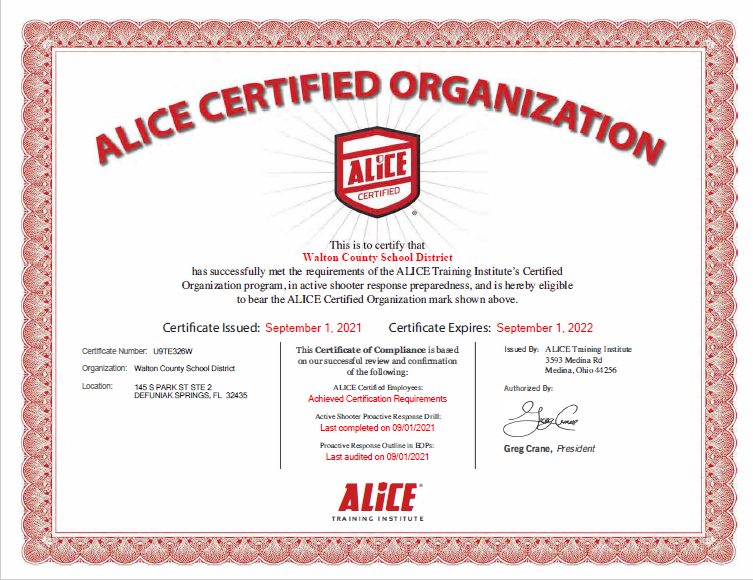 certificate from the alice organization to show that the district is an alice certified organization
