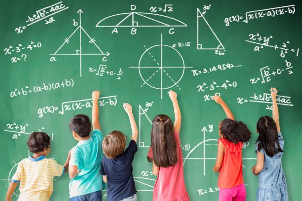 children drawing math problems on a chalkboard