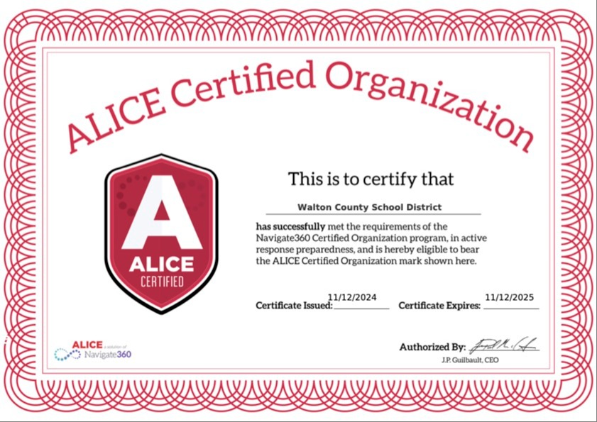 certificate from the alice organization to show that the district is an alice certified organization